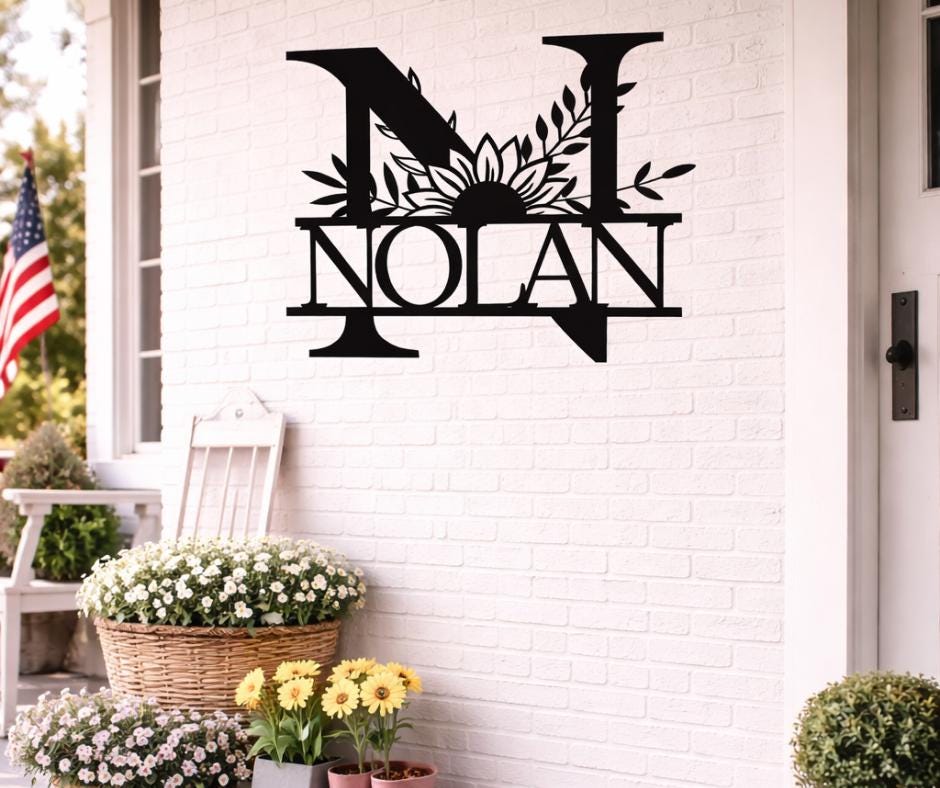 Personalized Letter N Metal Family Name Sign, Floral Monogram Wall Art, Porch Decor