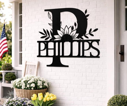 Personalized Metal Family Name Sign, Floral Monogram Wall Art, Porch Decor