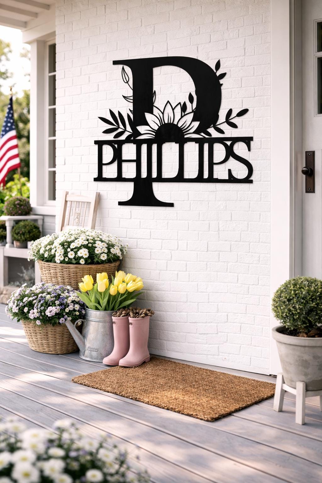 Personalized Metal Family Name Sign, Floral Monogram Wall Art, Porch Decor