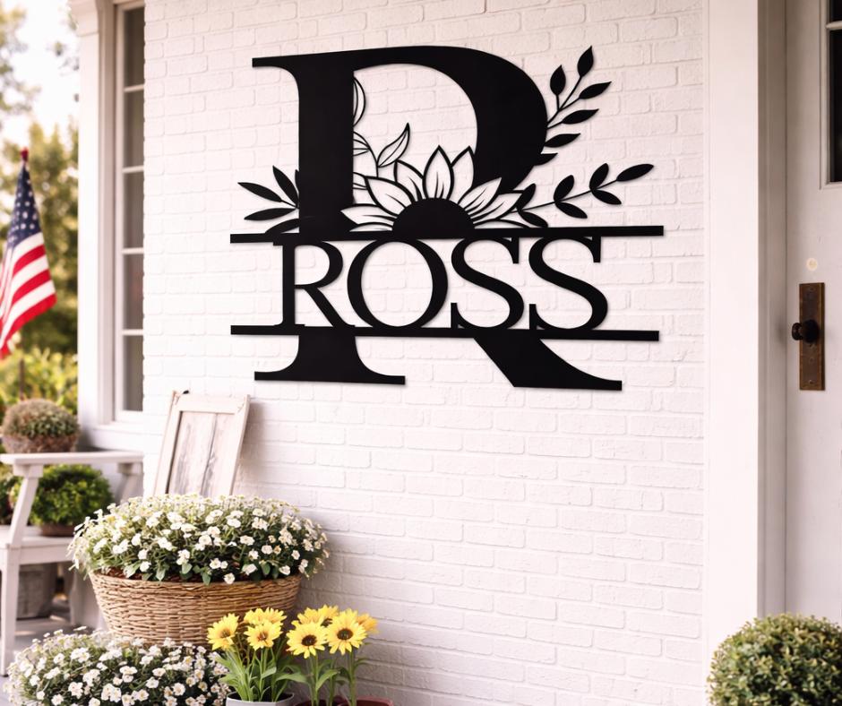 Personalized Letter R Metal Family Name Sign, Floral Monogram Wall Art, Porch Decor