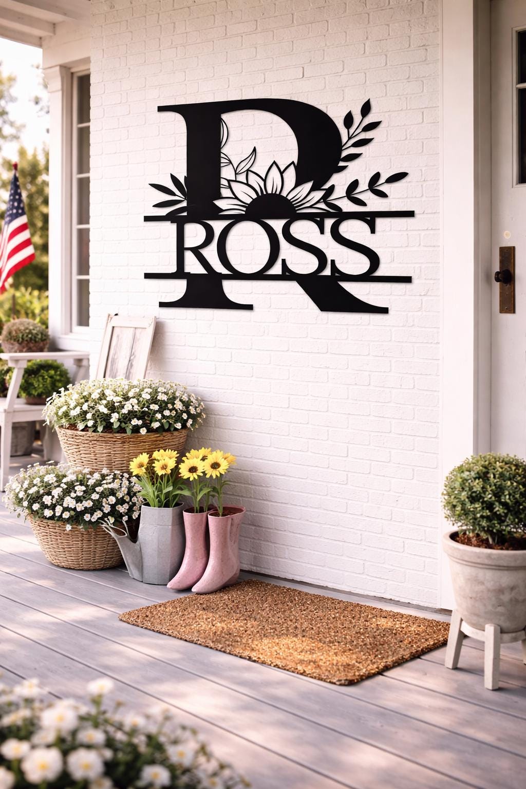 Personalized Letter R Metal Family Name Sign, Floral Monogram Wall Art, Porch Decor