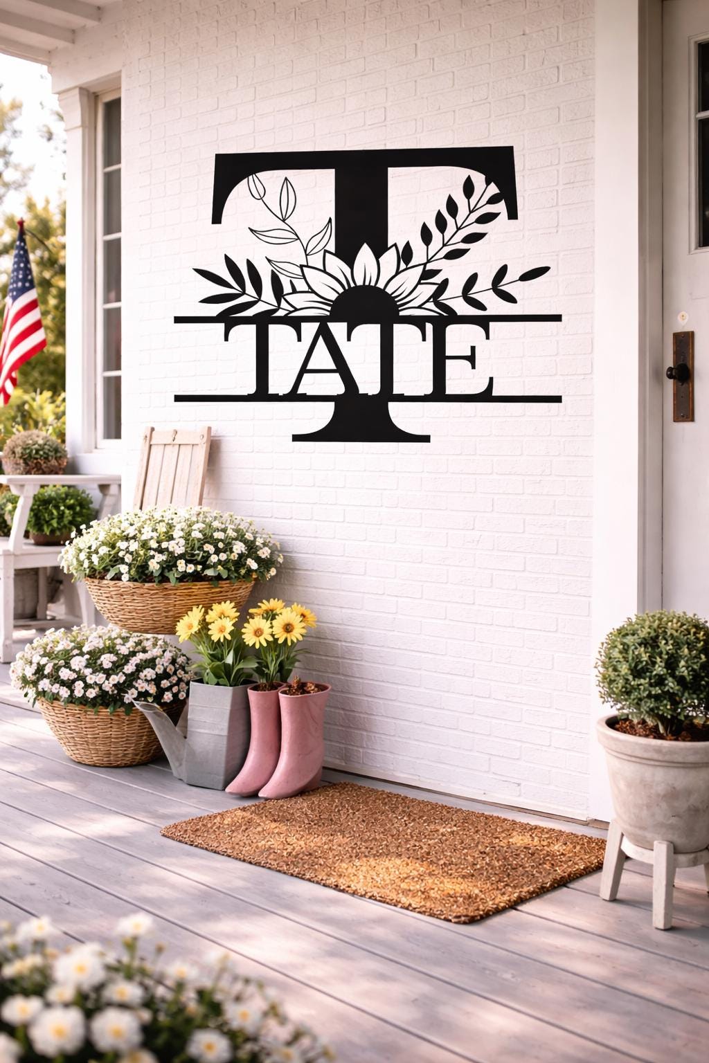 Personalized Letter T Metal Family Name Sign, Floral Monogram Wall Art