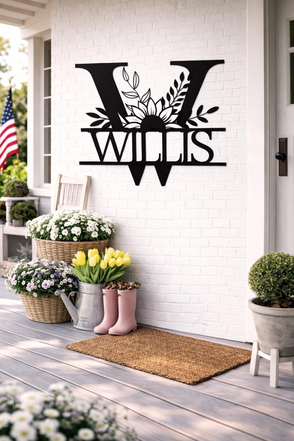 Personalized Letter W Metal Family Name Sign, Floral Monogram Wall Art