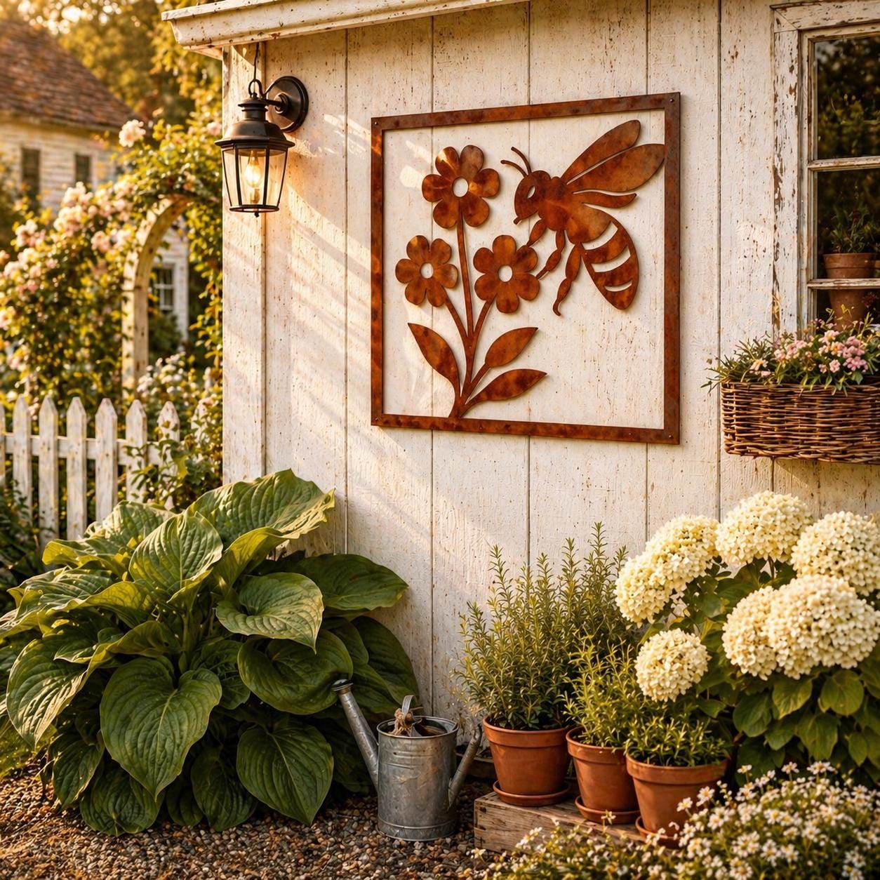 Metal Bee Floral Wall Panel | Square Rustic Farmhouse Wall Art | Cottage Garden Metal Decor | Botanical Nature Panel