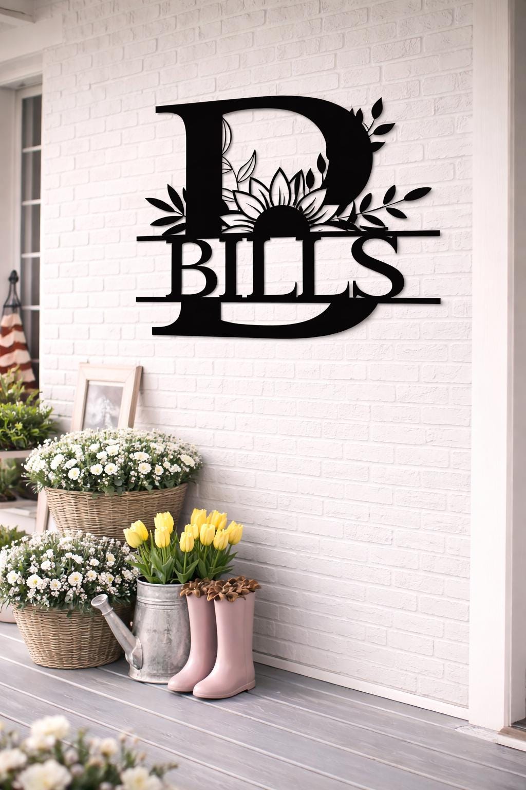Personalized Letter B Metal Family Name Sign, Floral Monogram Wall Art, Porch Decor