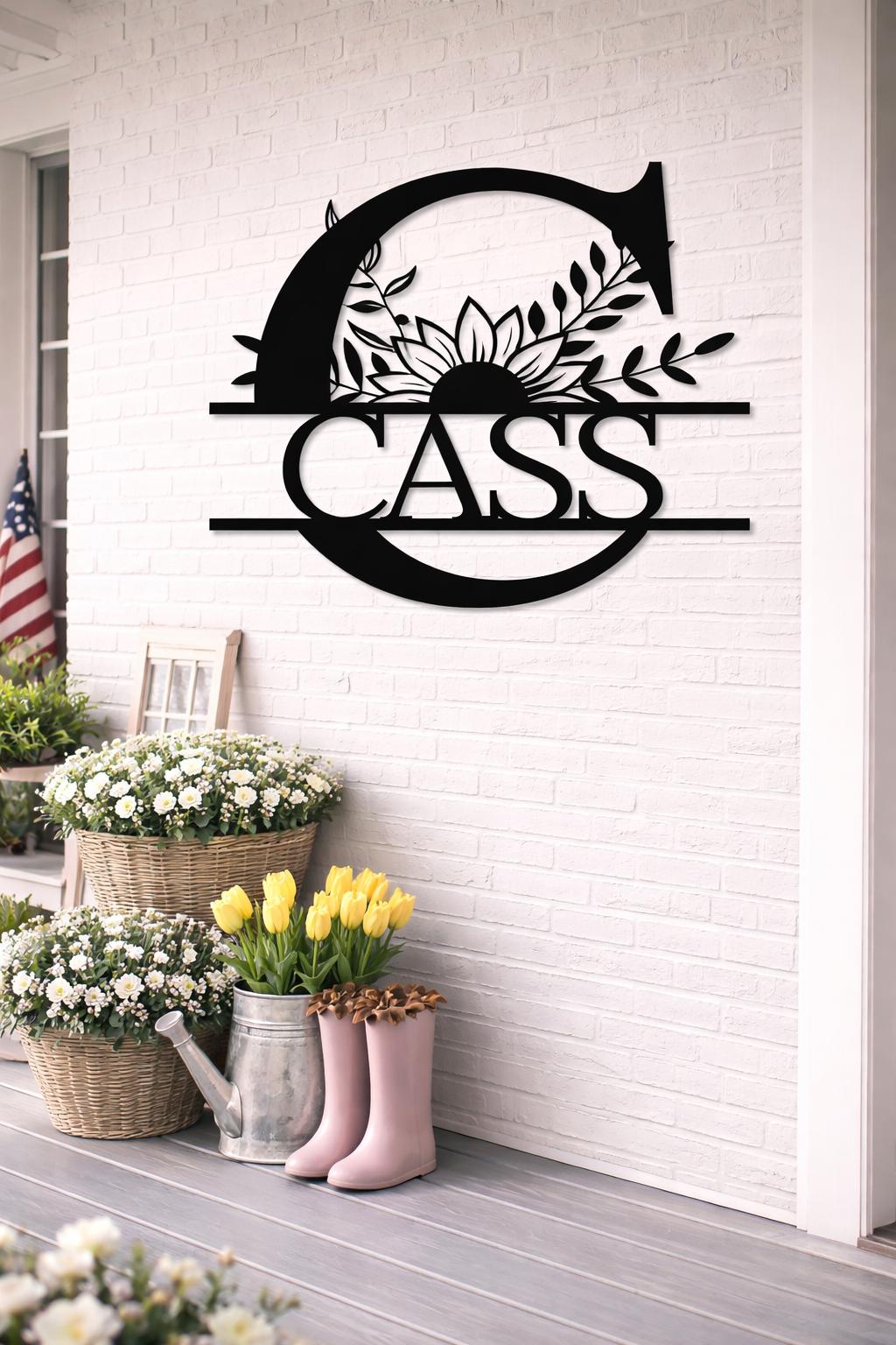 Personalized Metal Letter C Wall Art, Floral Monogram Family Name Sign