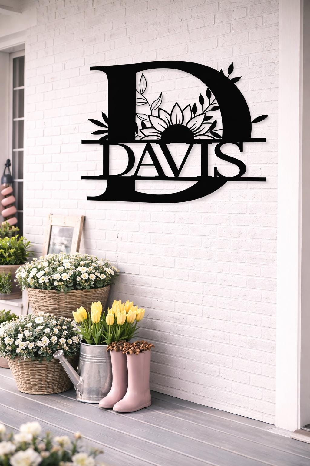 Personalized Letter D Metal Family Name Sign, Floral Monogram Wall Art