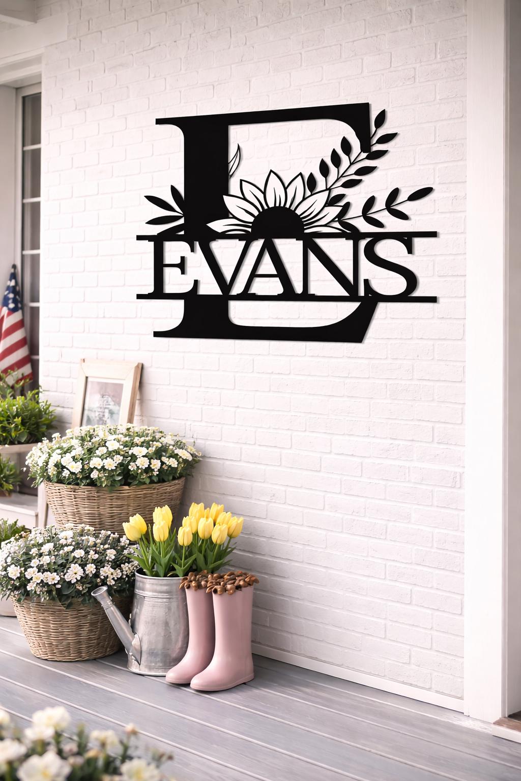 Personalized Letter E Metal Family Name Sign, Floral Monogram Wall Art, Porch Decor