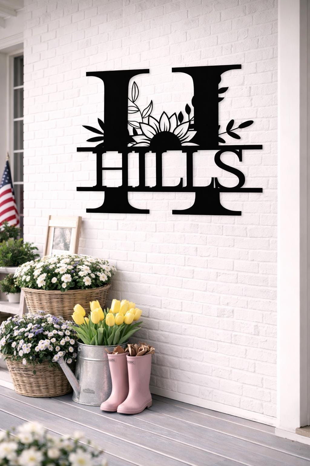 Personalized Letter H Metal Family Name Sign, Floral Monogram Wall Art, Porch Decor