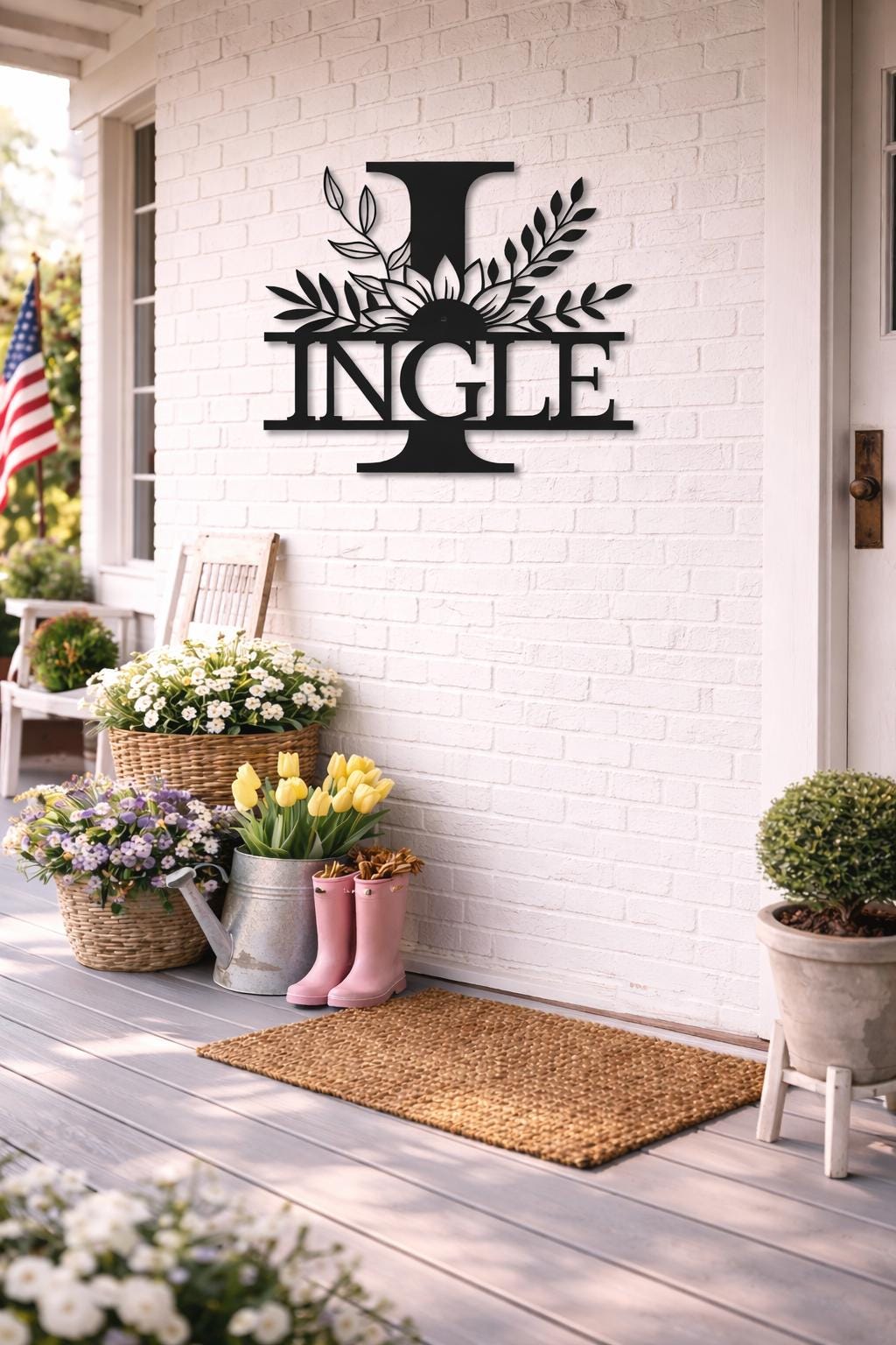 Personalized Letter I Metal Family Name Sign, Floral Monogram Wall Art