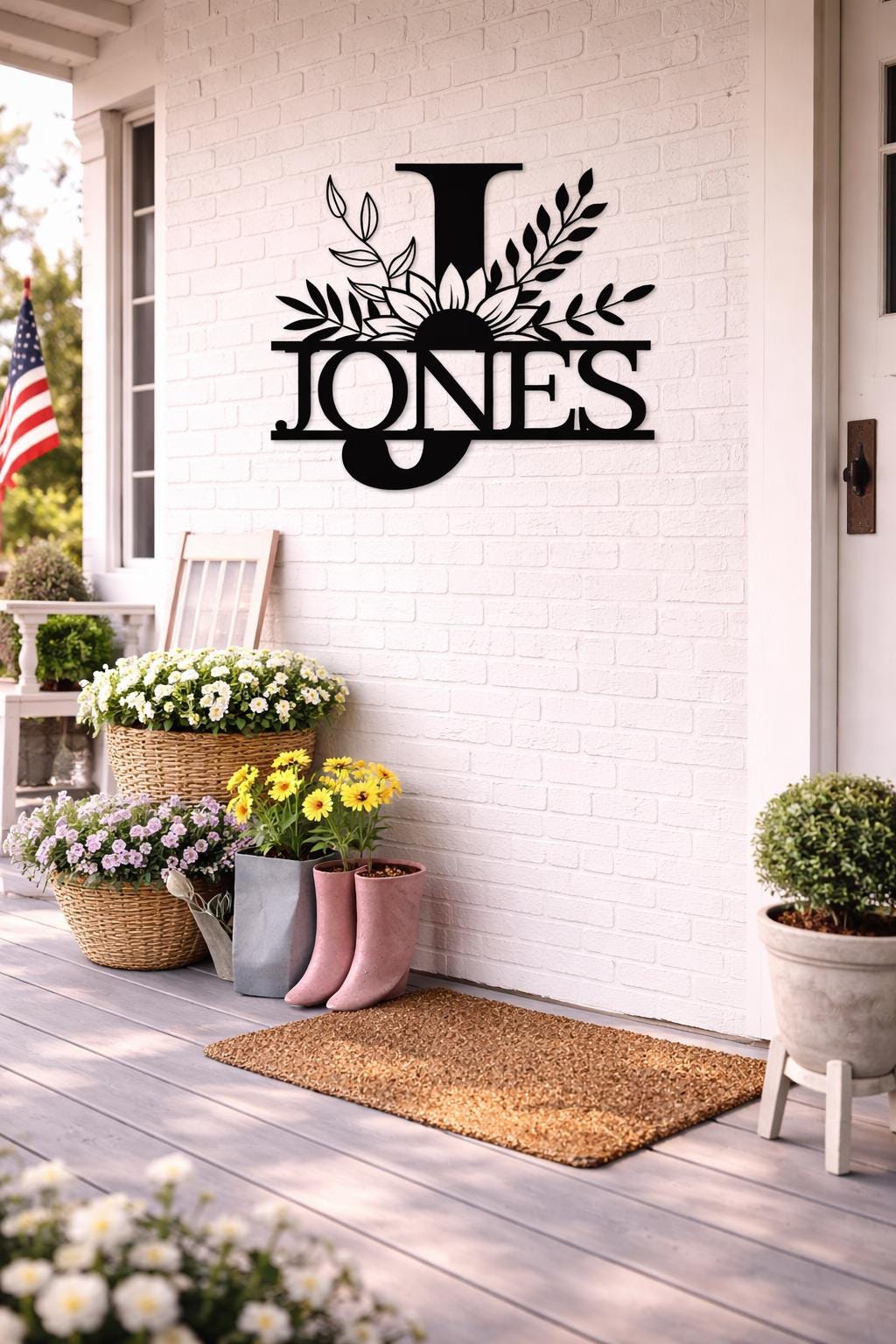 Personalized Letter J Metal Family Name Sign, Floral Monogram Wall Art, Porch Decor