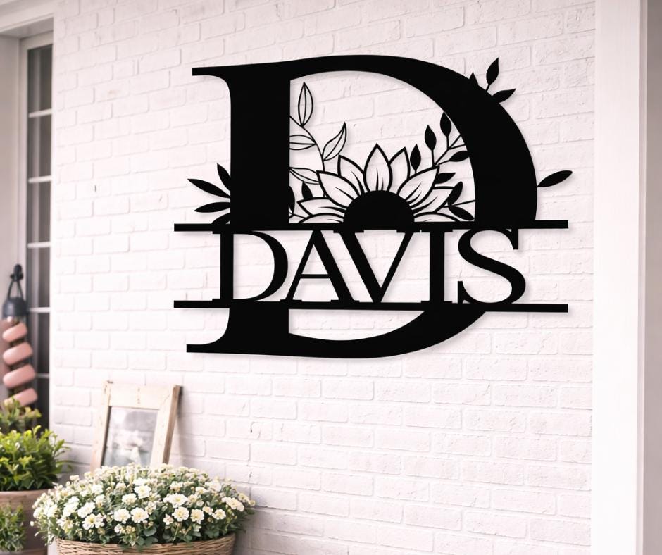 Personalized Letter D Metal Family Name Sign, Floral Monogram Wall Art
