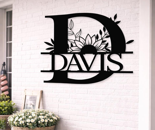 Personalized Letter D Metal Family Name Sign, Floral Monogram Wall Art