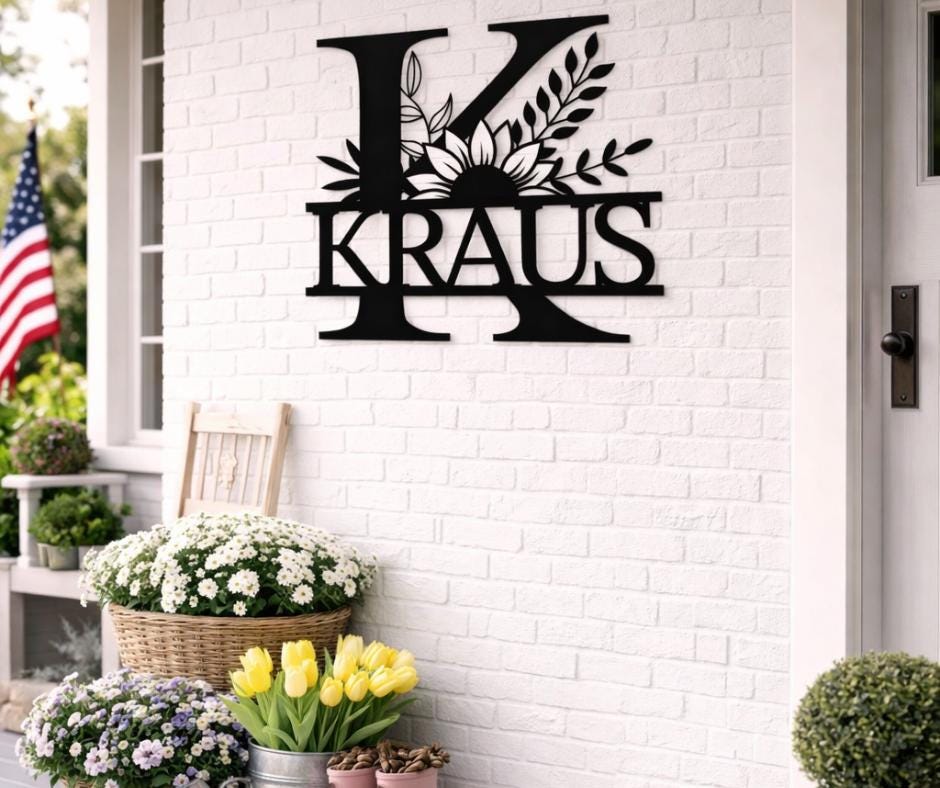Personalized Metal Letter K Wall Art, Floral Monogram Family Name Sign