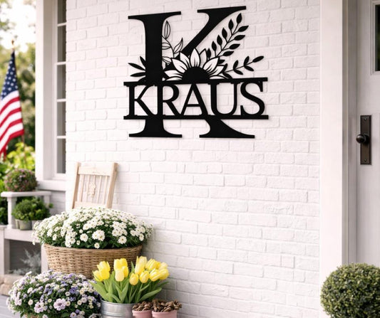 Personalized Metal Letter K Wall Art, Floral Monogram Family Name Sign