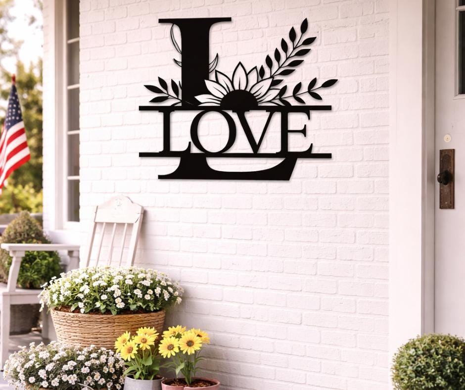 Personalized Letter L Metal Family Name Sign, Floral Monogram Wall Art, Porch Decor