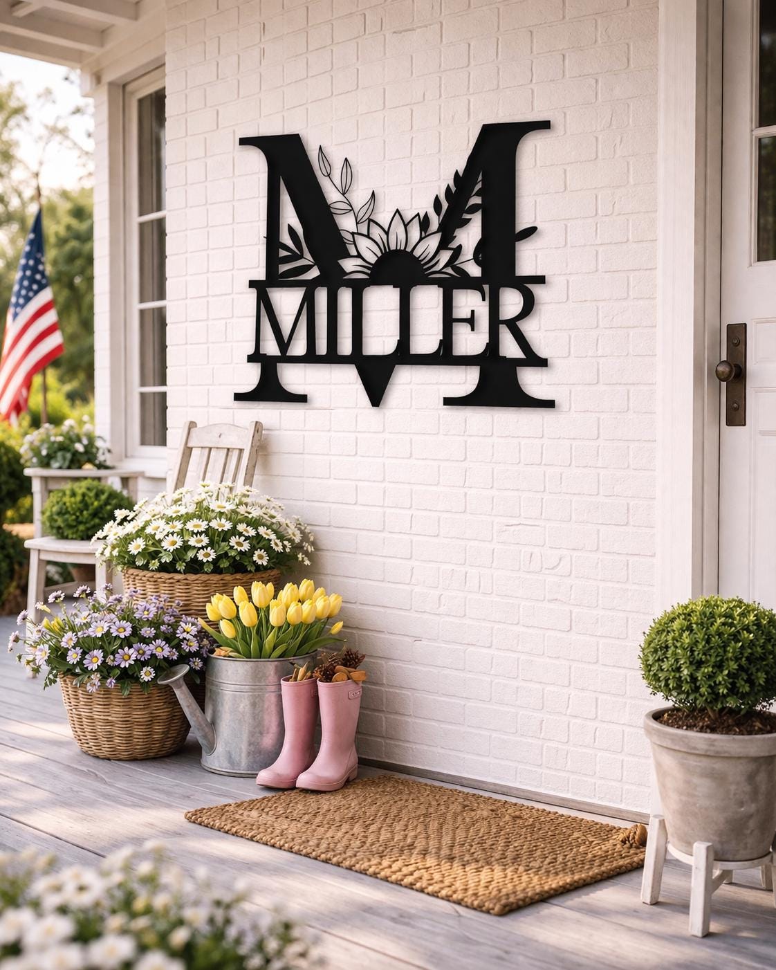 Personalized Letter M Metal Family Name Sign, Floral Monogram Wall Art, Porch Decor