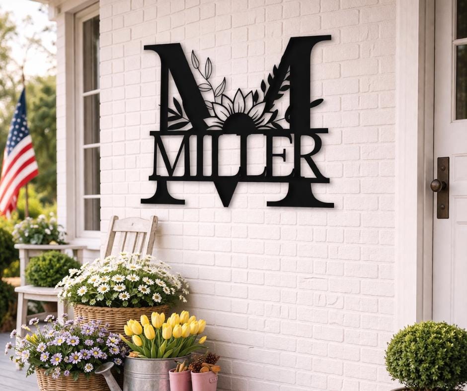 Personalized Letter M Metal Family Name Sign, Floral Monogram Wall Art, Porch Decor