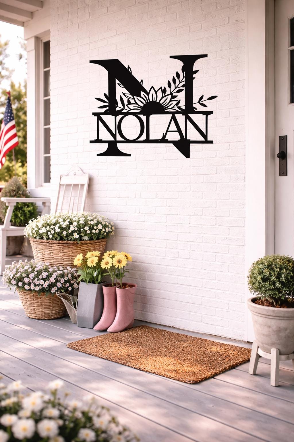 Personalized Letter N Metal Family Name Sign, Floral Monogram Wall Art, Porch Decor