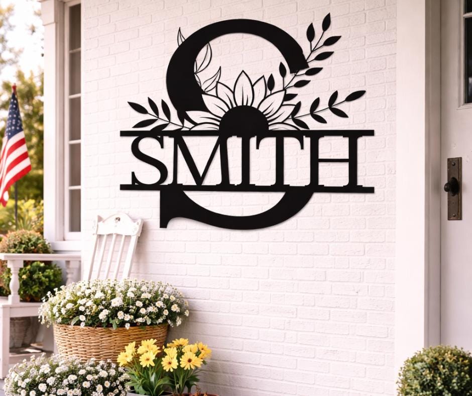 Personalized Letter S Metal Sunflower Monogram Sign, Custom Family Name Wall Art