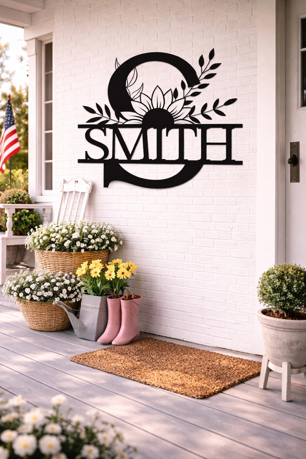 Personalized Letter S Metal Sunflower Monogram Sign, Custom Family Name Wall Art