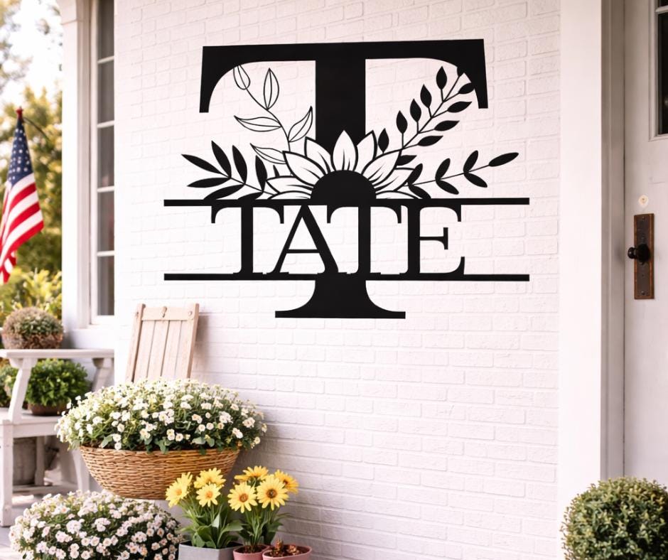 Personalized Letter T Metal Family Name Sign, Floral Monogram Wall Art