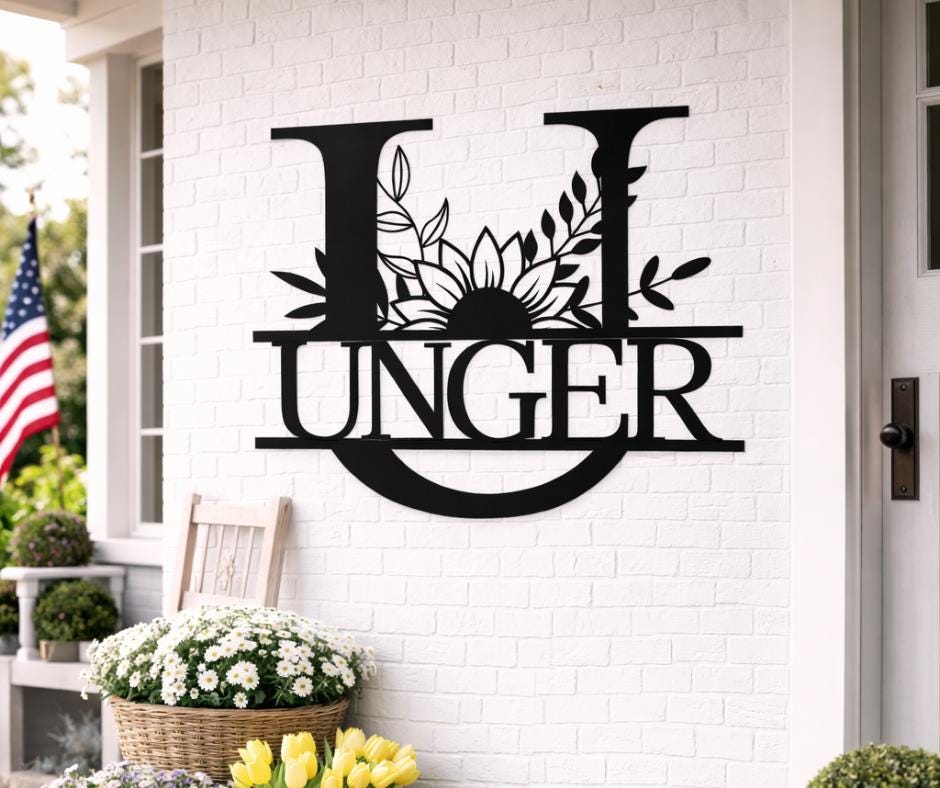 Personalized Letter U Metal Family Name Sign, Floral Monogram Wall Art, Porch Decor