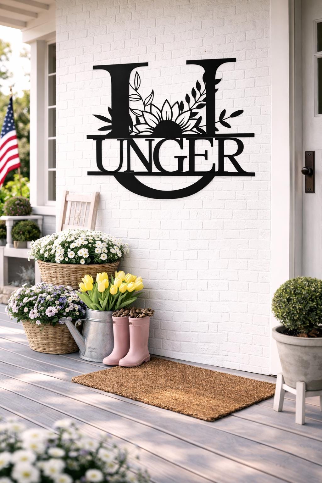 Personalized Letter U Metal Family Name Sign, Floral Monogram Wall Art, Porch Decor