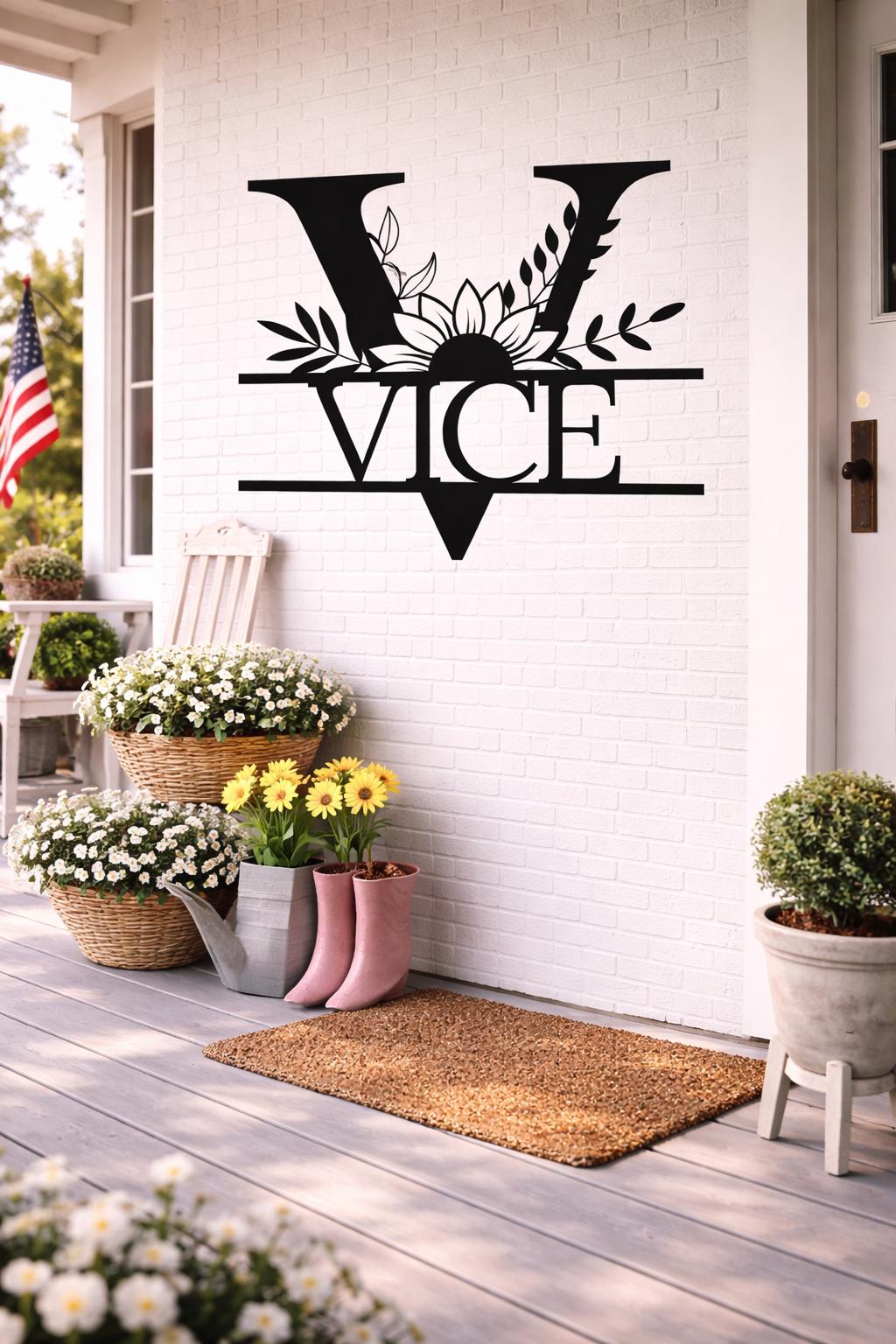 Personalized Metal Letter V Sign, Floral Monogram Family Name Art, Porch Garden Decor