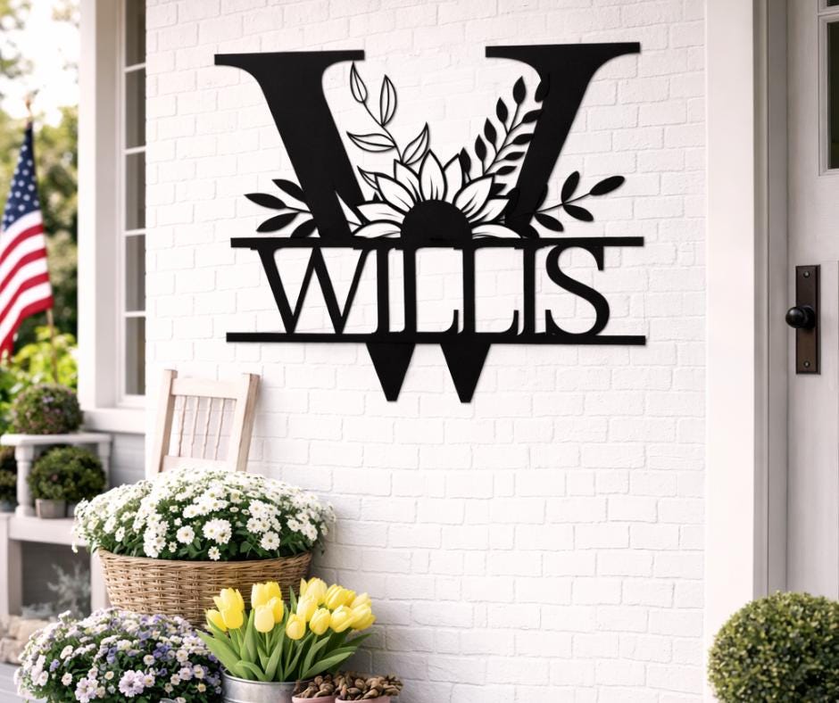 Personalized Letter W Metal Family Name Sign, Floral Monogram Wall Art