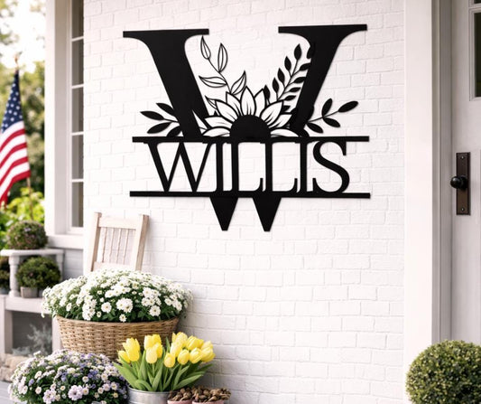 Personalized Letter W Metal Family Name Sign, Floral Monogram Wall Art
