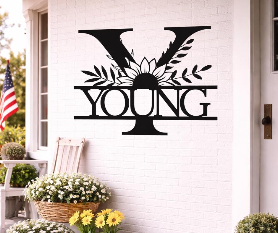 Personalized Metal Y Letter Sign, Floral Family Name Wall Art, Porch Decor