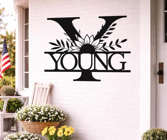 Personalized Metal Y Letter Sign, Floral Family Name Wall Art, Porch Decor