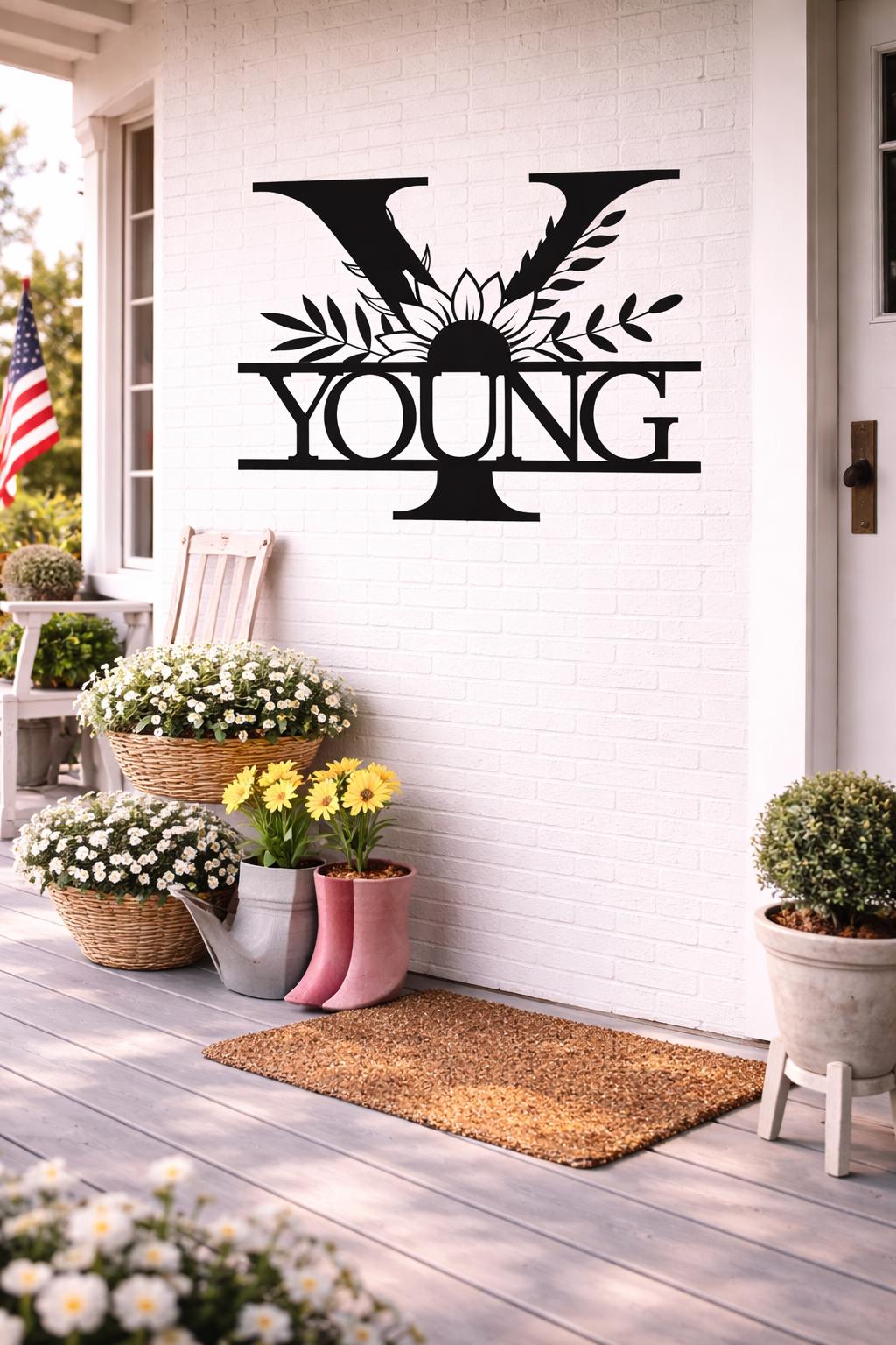 Personalized Metal Y Letter Sign, Floral Family Name Wall Art, Porch Decor