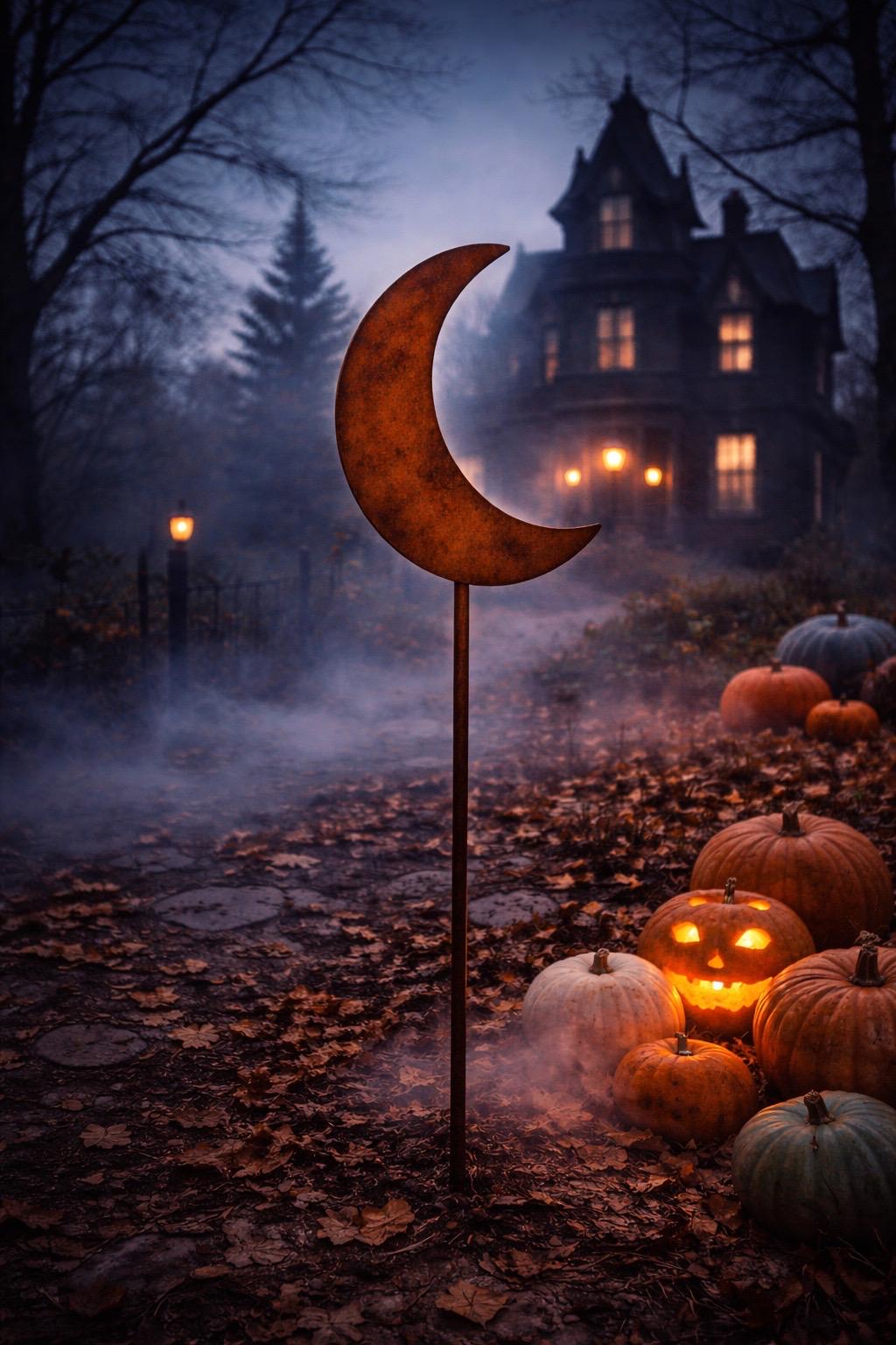 Moon Garden Stake | Halloween Garden Decor | Witchy Garden Art | Gothic Outdoor Decor | Crescent Moon Yard Stake | Celestial Garden Decor