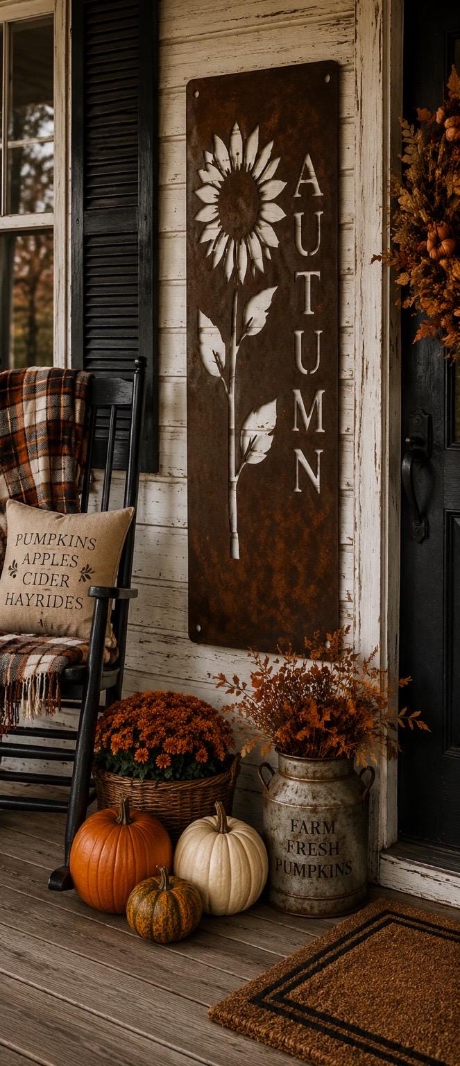 Autumn Sunflower Porch Leaner | Fall Metal Welcome Sign | Rustic Farmhouse Sunflower Decor | Harvest Porch Sign | Autumn Entryway Decor