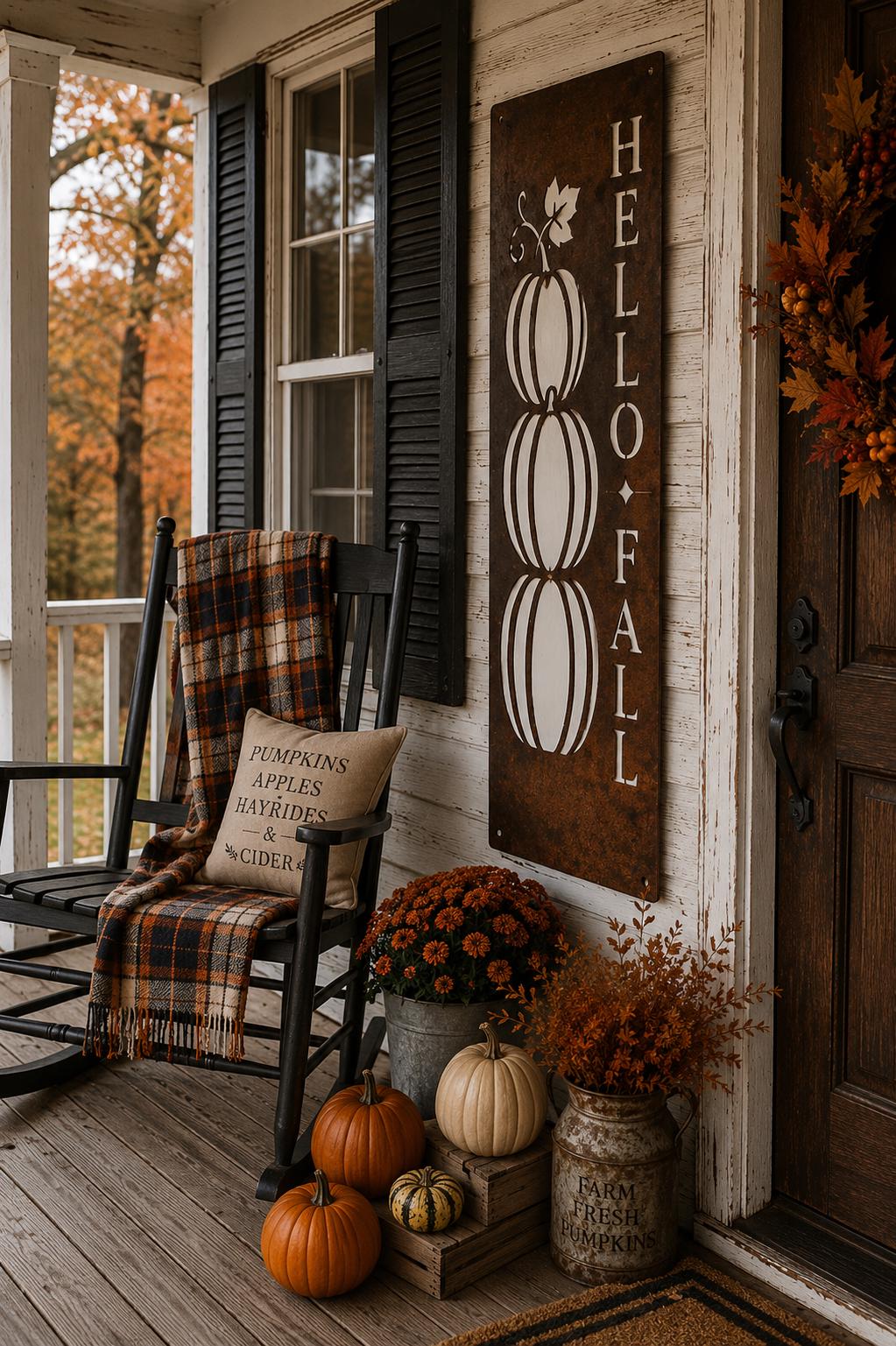 Hello Fall Porch Leaner | Pumpkin Stack Metal Sign | Rustic Farmhouse Fall Decor | Harvest Porch Sign | Autumn Welcome Sign