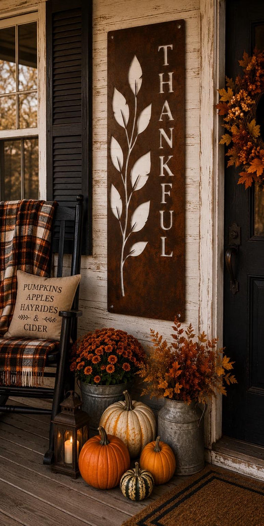 Thankful Porch Leaner | Harvest Metal Sign | Rustic Farmhouse Fall Decor | Autumn Porch Sign | Thanksgiving Entryway Decor | Metal Wall Art