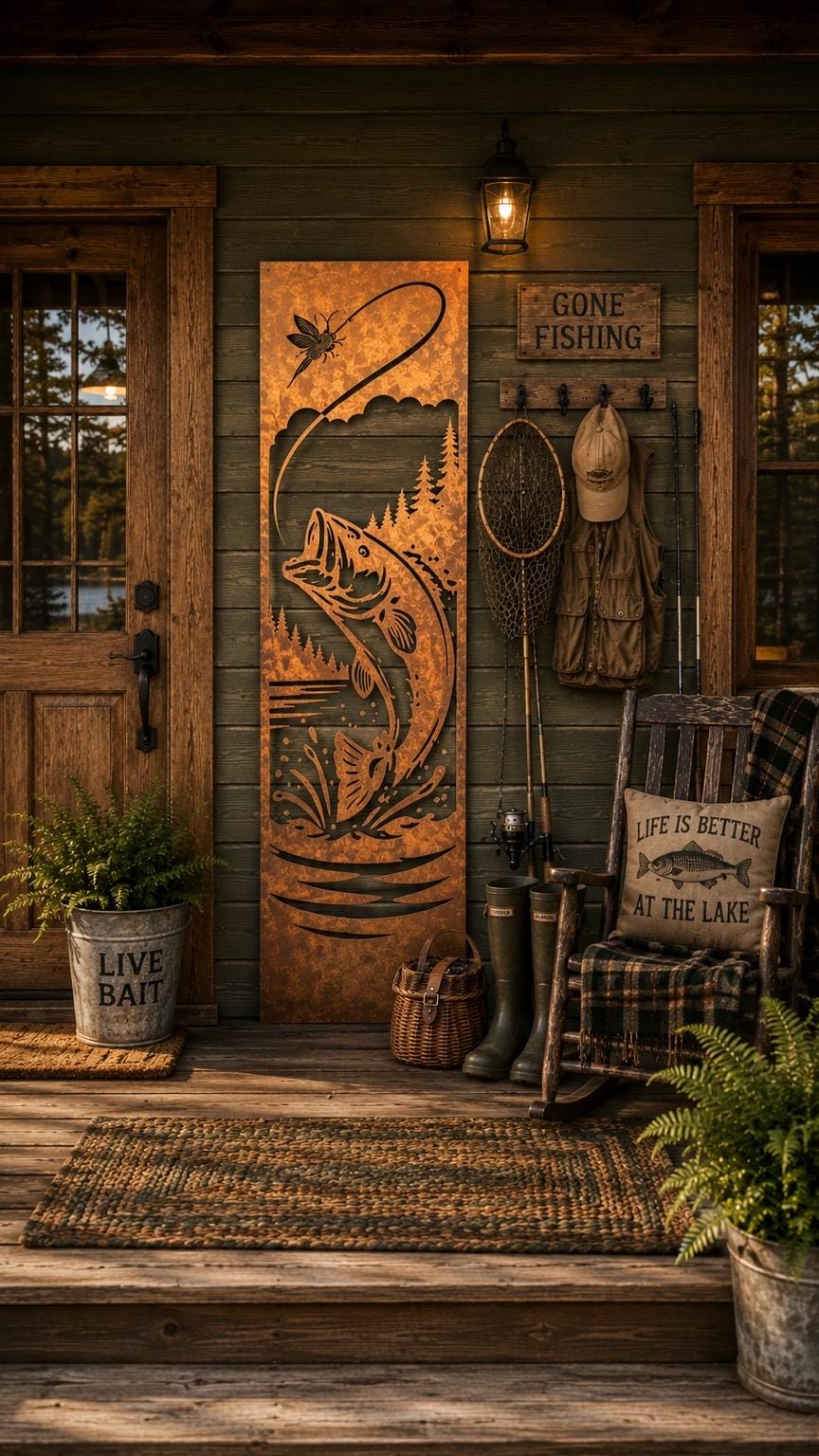 Fishing Metal Wall Art | Rustic Lake House Decor | Bass Fishing Wall Hanging | Fisherman Gift | Cabin & Lodge Metal Art | Porch Leaner Sign