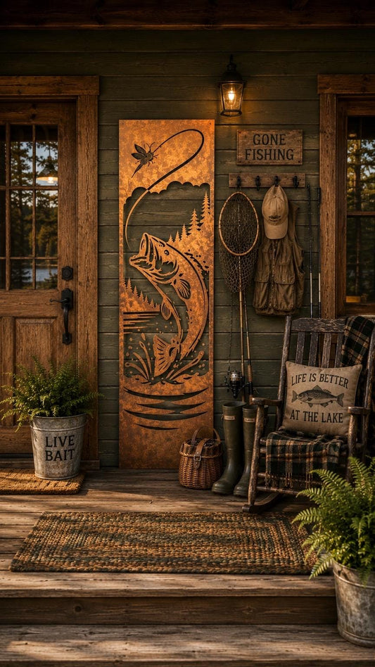 Fishing Metal Wall Art | Rustic Lake House Decor | Bass Fishing Wall Hanging | Fisherman Gift | Cabin & Lodge Metal Art | Porch Leaner Sign