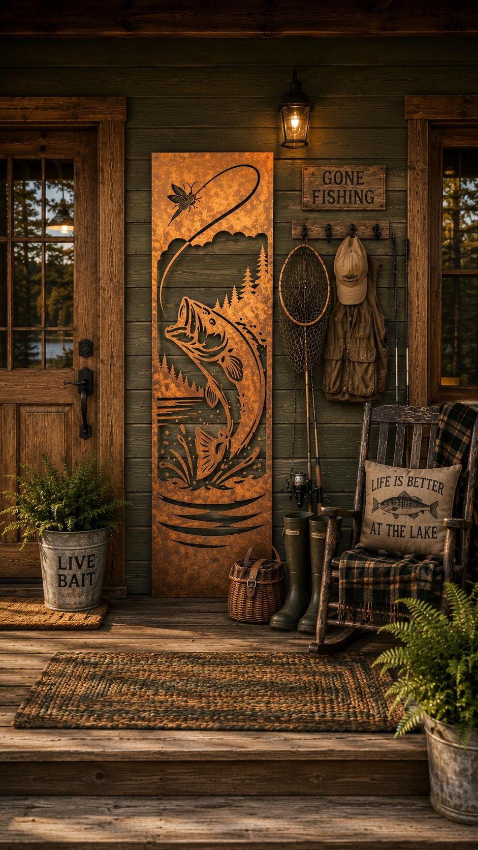 Fishing Metal Wall Art | Rustic Lake House Decor | Bass Fishing Wall Hanging | Fisherman Gift | Cabin & Lodge Metal Art | Porch Leaner Sign