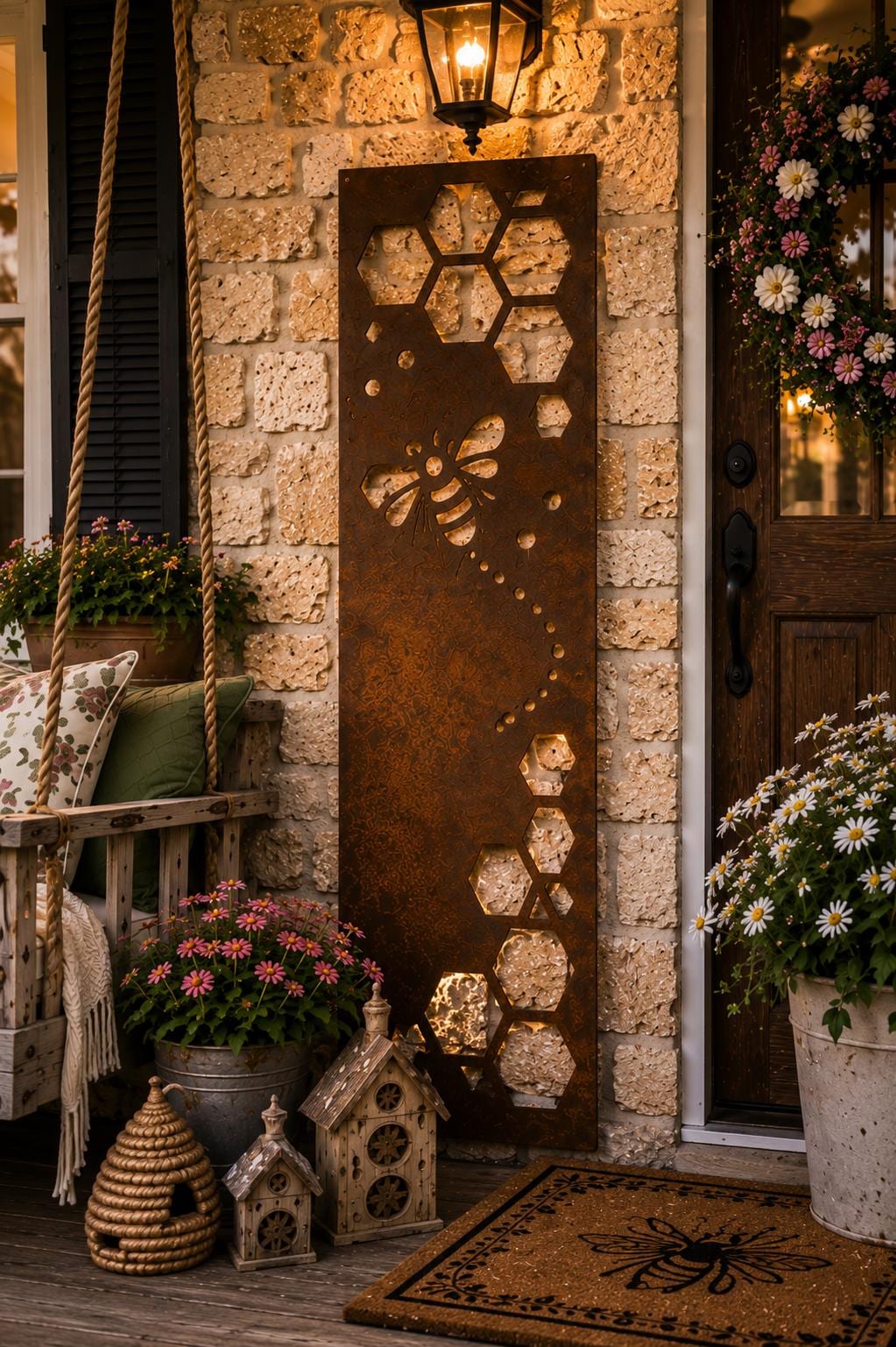 Bee Honeycomb Metal Wall Art | Bee Garden Decor | Pollinator Garden Sign | Rustic Bee Lover Gift | Cottage Garden Metal Decor | Porch Sign