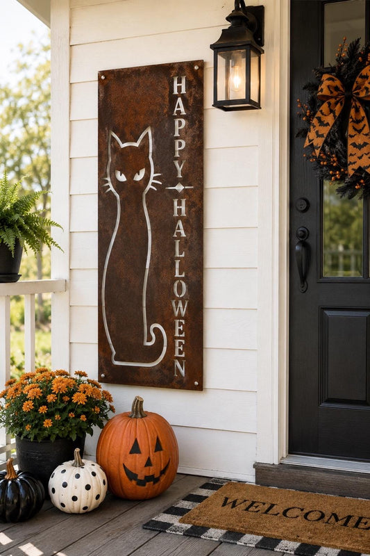 Happy Halloween Black Cat Porch Leaner | Halloween Metal Sign | Spooky Cat Decor | Rustic Halloween Porch Decor | Gothic Farmhouse Sign
