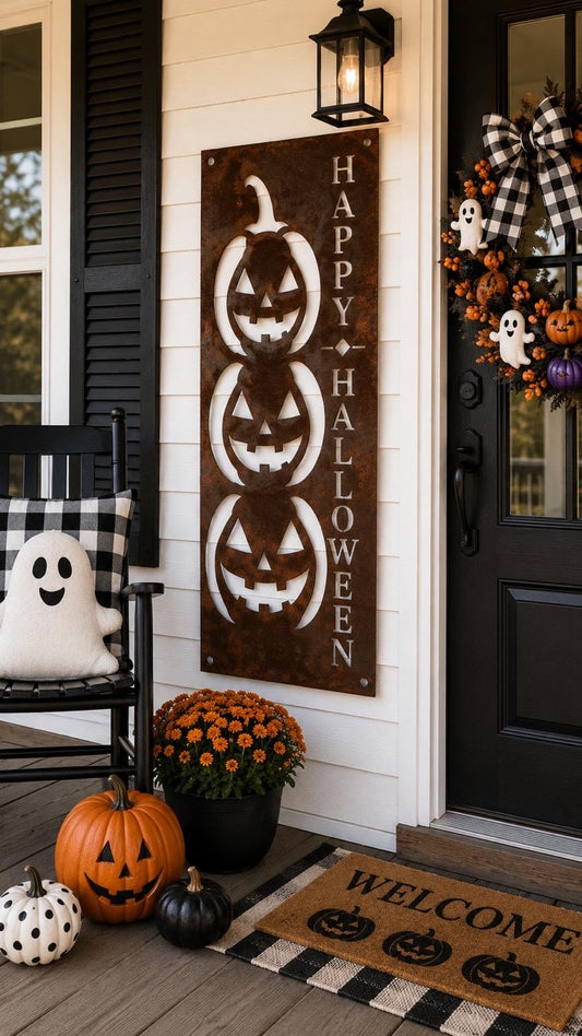 Happy Halloween Pumpkin Porch Leaner | Jack O Lantern Metal Sign | Halloween Porch Decor | Rustic Pumpkin Sign | Farmhouse Halloween Decor