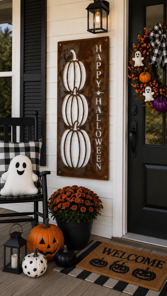 Happy Halloween Pumpkin Porch Leaner | Stacked Pumpkin Metal Sign | Halloween Porch Decor | Rustic Halloween Welcome Sign | Farmhouse Fall