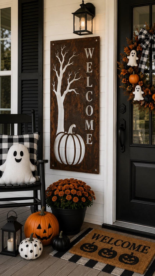 Halloween Welcome Porch Leaner | Pumpkin Tree Metal Sign | Rustic Halloween Decor | Farmhouse Halloween Porch Sign | Jack O Lantern Welcome