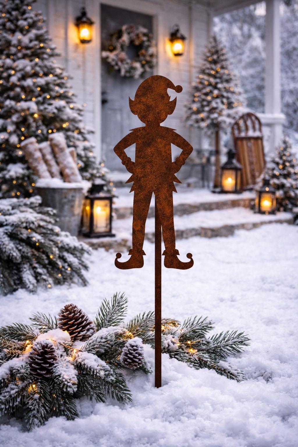 Christmas Elf Garden Stake | North Pole Garden Decor | Metal Elf Yard Art | Christmas Outdoor Decor | Holiday Garden Stake | Winter Yard Dec