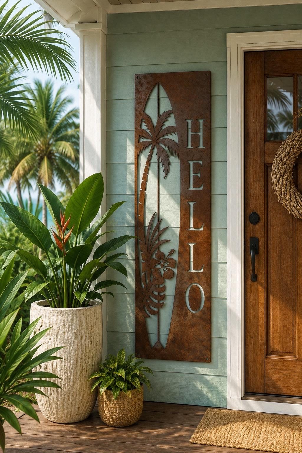 Tropical Surfboard Porch Leaner | Coastal Welcome Sign | Palm Tree Metal Porch Sign | Beach House Decor | Hawaiian Wall Art