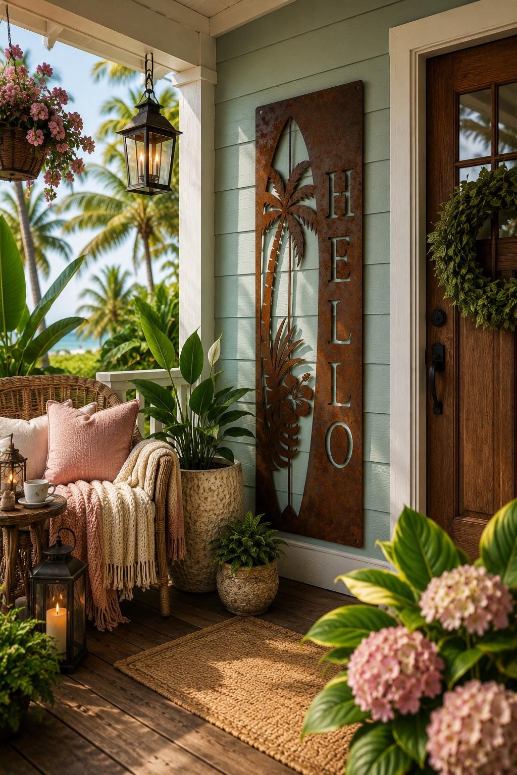 Tropical Surfboard Porch Leaner | Coastal Welcome Sign | Palm Tree Metal Porch Sign | Beach House Decor | Hawaiian Wall Art