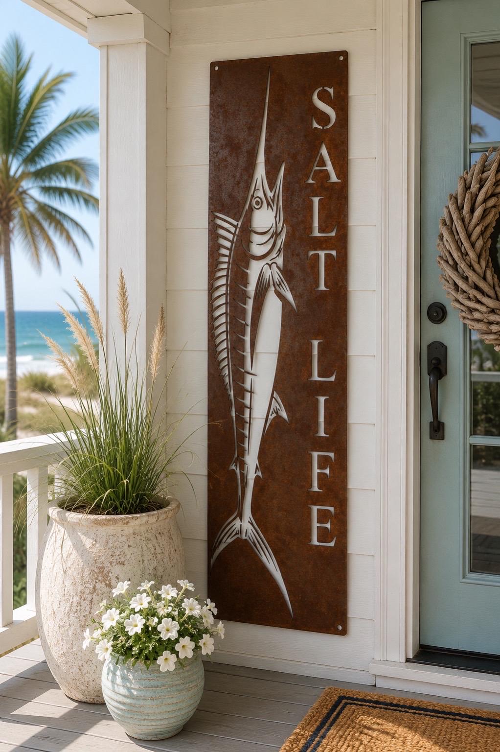 Salt Life Porch Leaner | Marlin Metal Welcome Sign | Coastal Fishing Decor | Beach House Porch Sign | Deep Sea Fishing Wall Art